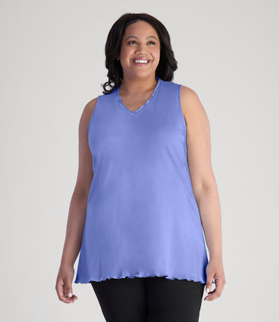 Model, facing front, wearing JunoActive's Cotton Chic Let's Trim Sleeveless plus size top in color periwinkle.