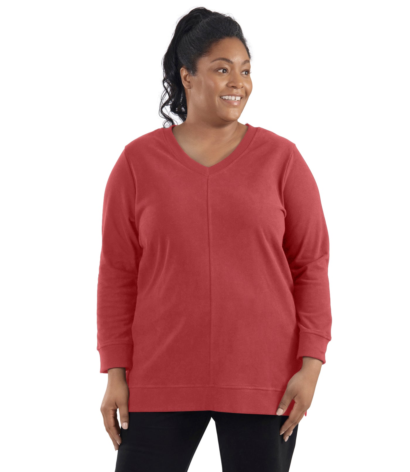 Legacy Cotton Casual V-Neck Long Sleeve Tunic in Sedona Red on model with hands by her side. Facing front.