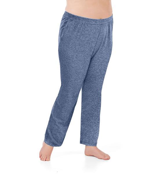 Bottom half of plus sized woman, front view, wearing JunoActive Softwik Pocketed Pant in color heather navy. Bottom hem is at the ankle.