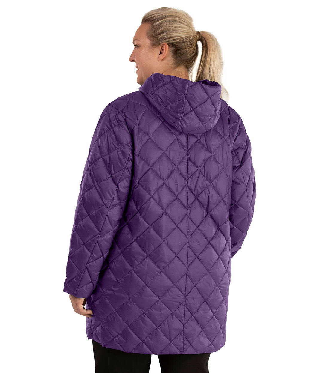 Plus size woman, back view , wearing a JunoActive plus size Quilted Light Weight Parka in Amethyst Purple. The jacket has a hood, snap front closure, and side zip pockets. Jacket quilting is a diamond pattern. The length of the plus size jacket hits below the hips.