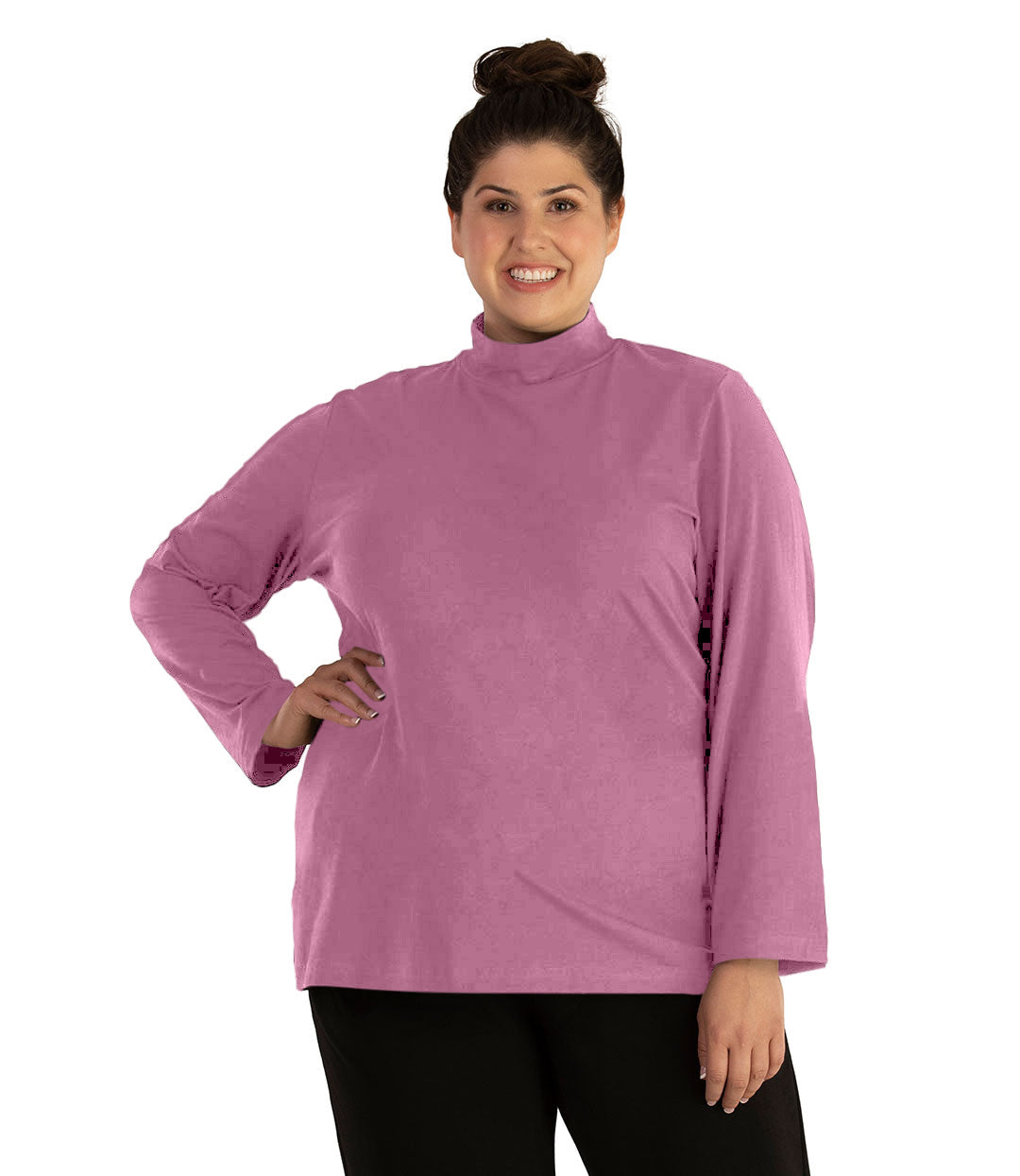 Plus size woman, facing front, wearing JunoActive plus size Stretch Naturals Lite Mock Neck Top in the color Mulberry. She is wearing JunoActive Plus Size Leggings in the color black..