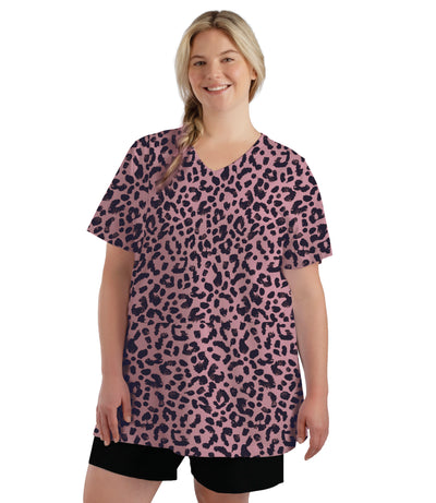 Plus size woman, facing front, wearing JunoBliss V-Neck Short Sleeve Top in leopard black print &  rose color tee. The length comes past crotch and is loosely fitted. 