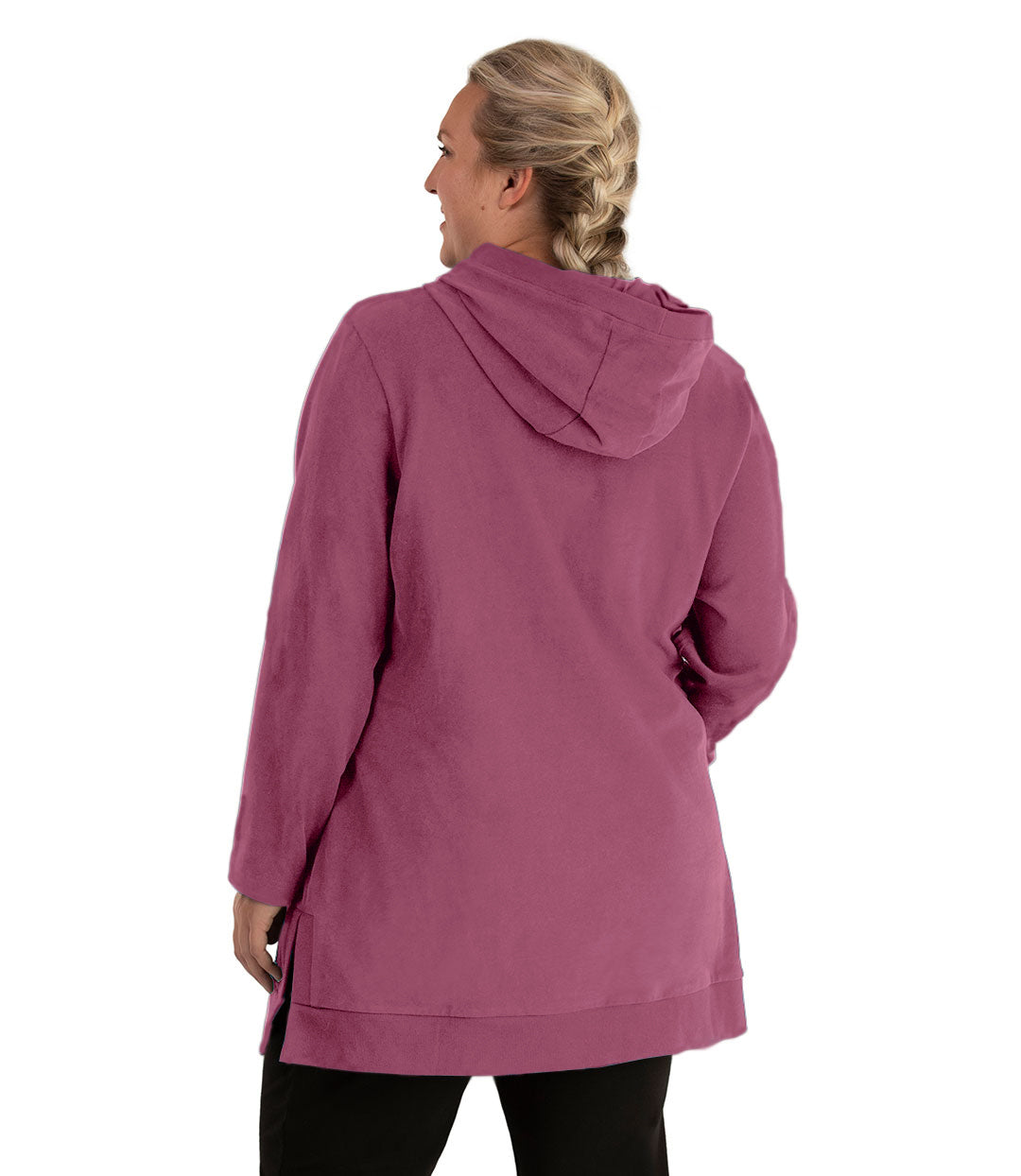 Plus size woman, facing back looking left, wearing JunoActive plus size Legacy Cotton Casual Pullover V-Neck Hoodie in the color Dusty Rose. She is wearing JunoActive Plus Size Leggings in the color Black.