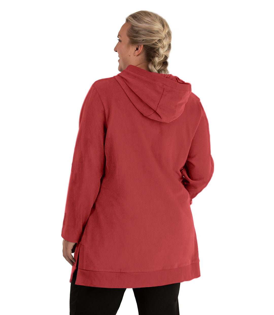 Plus size woman, facing back looking left, wearing JunoActive plus size Legacy Cotton Casual Pullover V-Neck Hoodie in the color Sedona Red. She is wearing JunoActive Plus Size Leggings in the color Black.