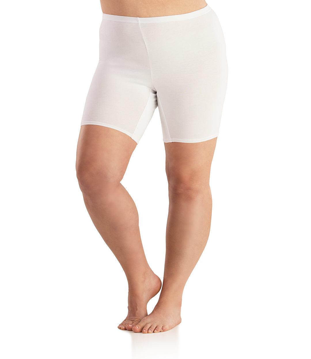 Plus size woman, front view, wearing JunoActive Junowear Cotton Stretch Fitted Boxer. The hemline is a few inches above knee in color white.
