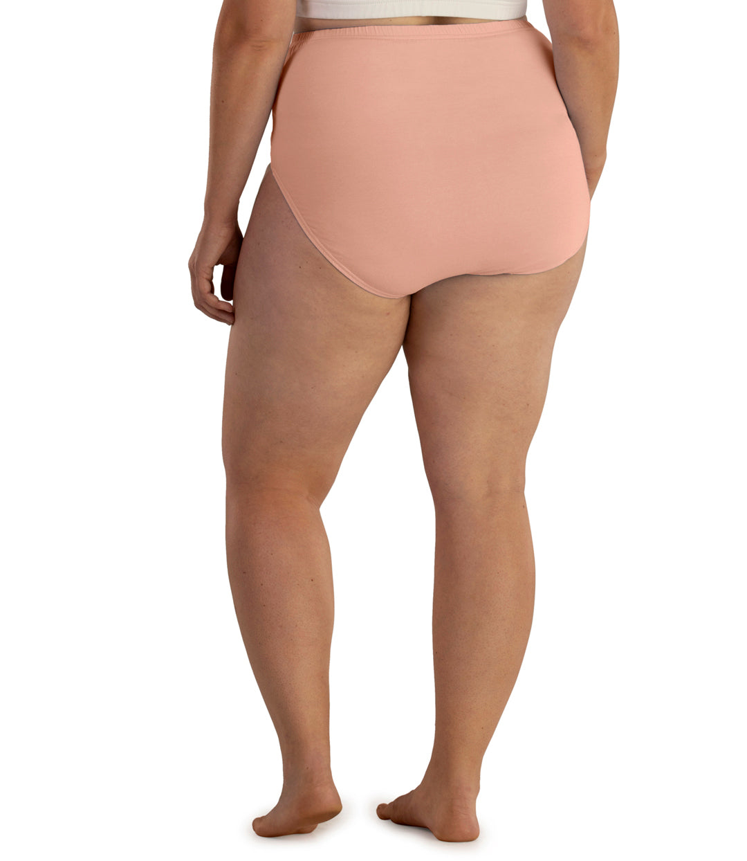 Bottom half of plus sized woman, back view, wearing JunoActive Junowear Hush Full Fit Briefs in peach. This brief has a high waist fit with conservative leg opening.