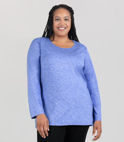 Model, facing front, wearing JunoActive's Softwick Long Sleeve Crew Neck Top in color heather royal.
