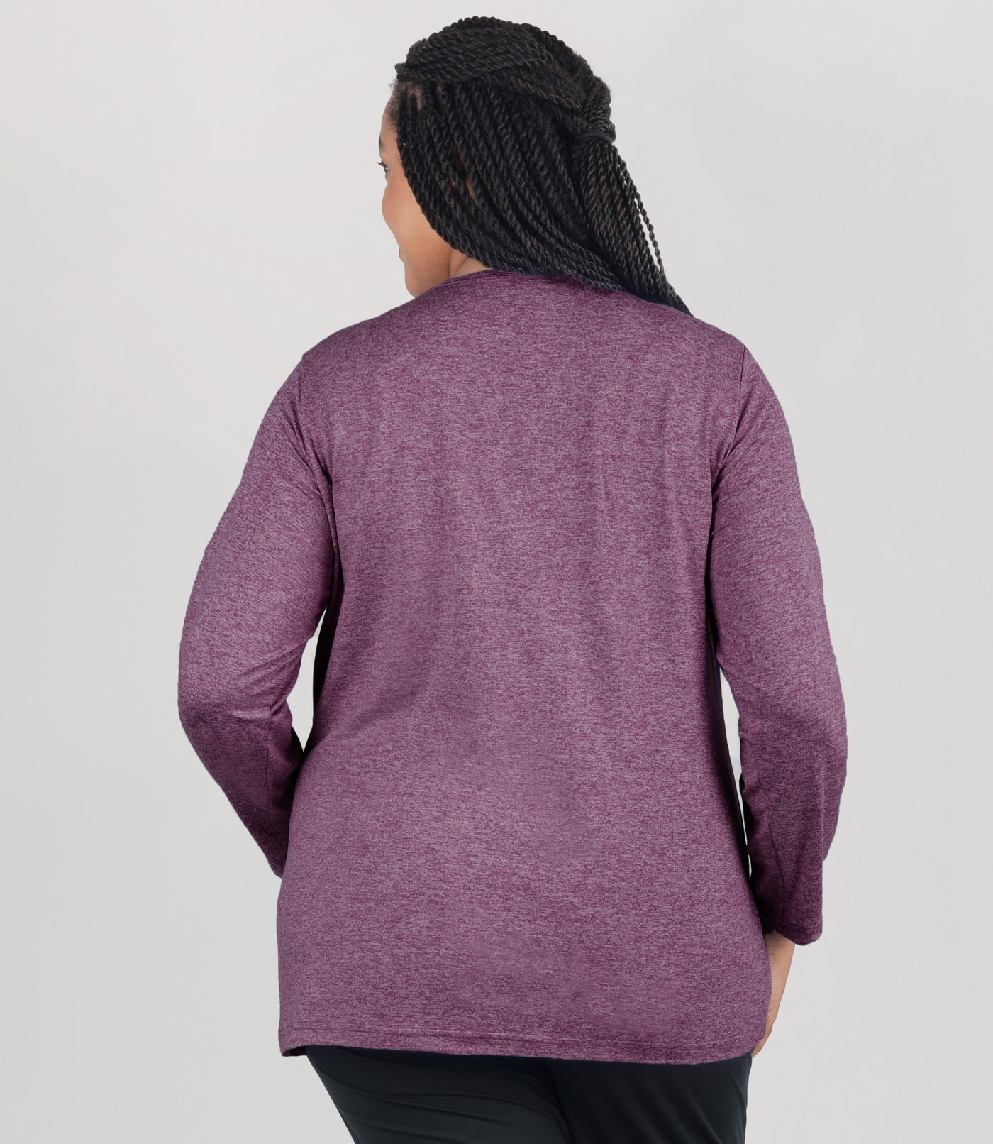 Model, facing back, wearing JunoActive's Softwick Long Sleeve Crew Neck Top in color heather merlot.