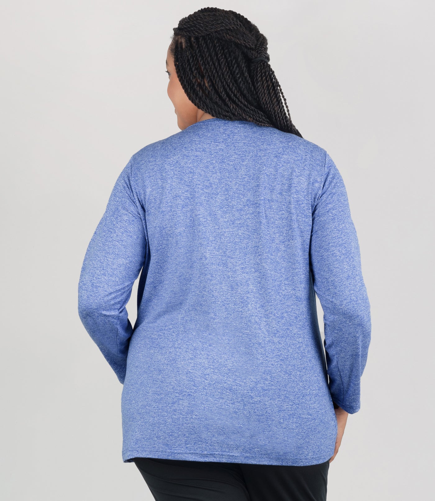 Model, facing back, wearing JunoActive's Softwick Long Sleeve Crew Neck Top in color heather royal.