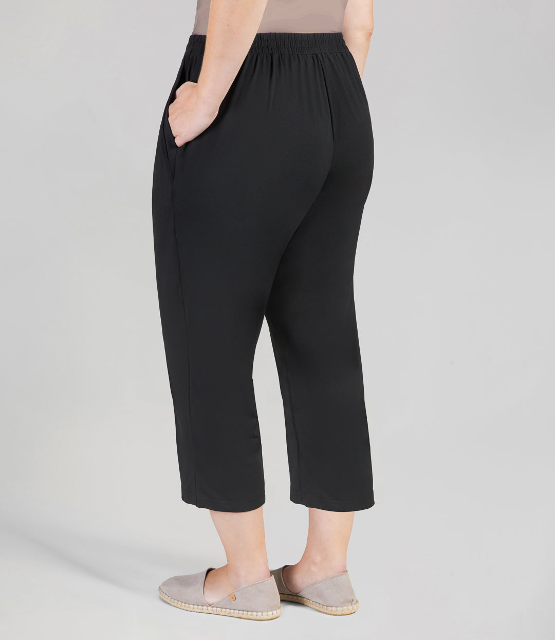 Back view, bottom half of plus sized woman, wearing JunoActives SoftWik Relaxed Fit Long Capris with Pockets in black. Hemline ends at mid-calf of model.