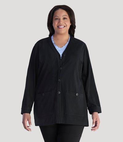 Model, facing front, wearing JunoActive's Plus Size EZ Style Cotton Long Sleeve Pocket Jacket in color black. Jacket is buttoned up.