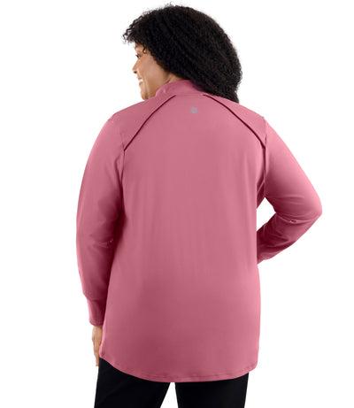 JunoActive's Plus size model wearing JunoStretch Mock Neck Jacket in Warm Mauve with black accents. Model is facing back.