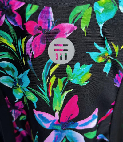 Close up of QuikEnergy Kona Tankini Top in night Lillies print.