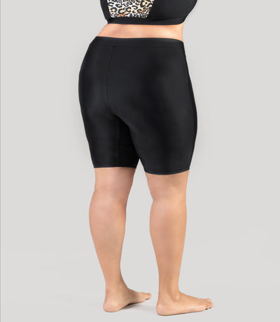 Plus size model, facing back, wearing QuikEnergy Swim plus size Bike Shorts and falls a couple inches above the knee.