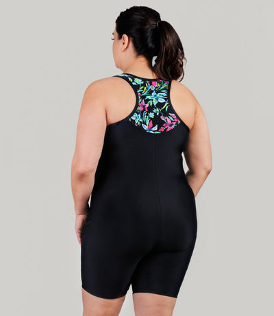 Plus size model, wearing JunoActive's QuikEnergy Racerback Zip Front plus size aquatard, facing back with her hands down by her side.