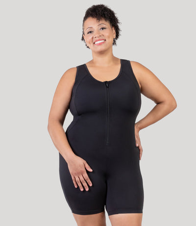 Plus size woman, facing front, wearing JunoActive's Aquasport Crossback Plus Size Aquatard in color black.