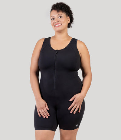 Plus size woman, facing front, wearing JunoActive's Aquasport Crossback Plus Size Aquatard in color black.
