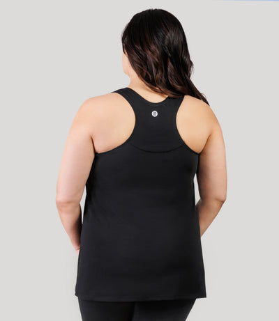 Plus size model, facing back, wearing JunoActive's AquaSport Hanalei Plus Size Tankini Top in color black.