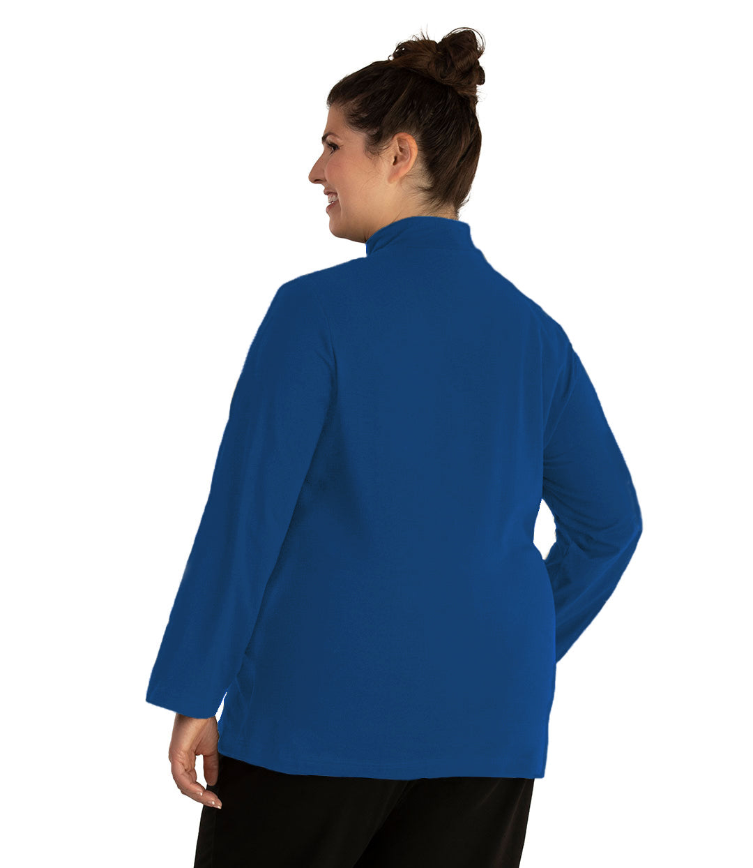 Plus size woman, facing back looking left, wearing JunoActive plus size Stretch Naturals Lite Mock Neck Top in the color Cozy Blue. She is wearing JunoActive Plus Size Leggings in the color Black.