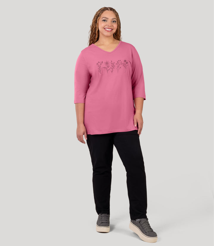 Designer Graphic 3/4 Sleeve V-Neck Tunic Flowers | JunoActive plus