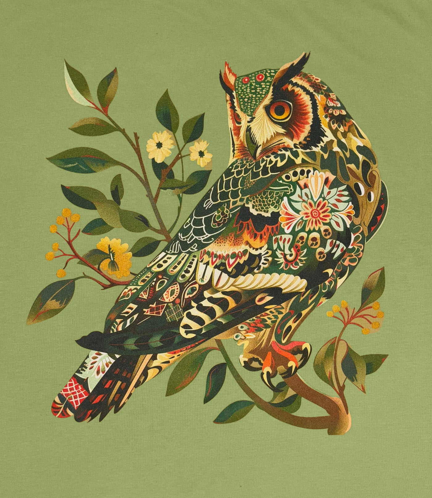 Close up graphic of owl and branches on JunoActive's Designer Graphic Long Sleeve Scoop Neck Plus Size Top.