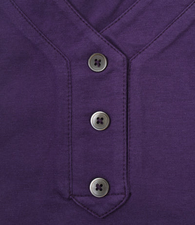 Close up of buttons on JunoActive Stretch Naturals Lite 3/4 Sleeve Button Henley in deep plum.