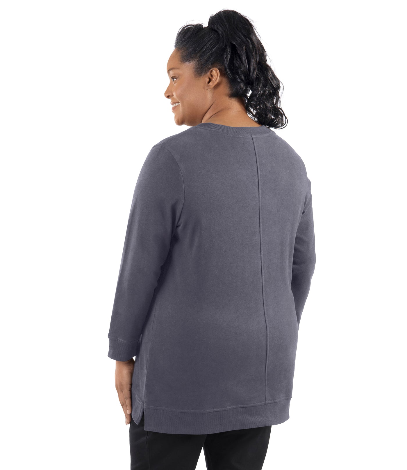 Legacy Cotton Casual V-Neck Long Sleeve Tunic in Misty Grey on model with hands by her side. Facing back.
