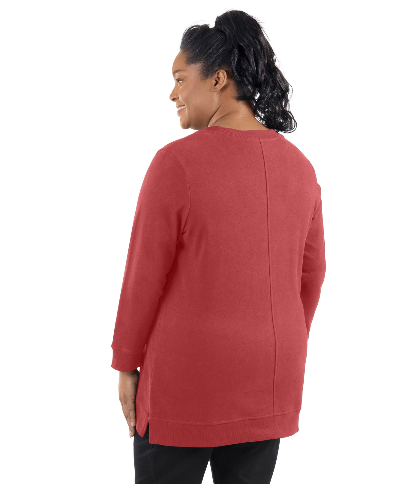 Legacy Cotton Casual V-Neck Long Sleeve Tunic in Sedona Red on model with hands by her side. Facing back.