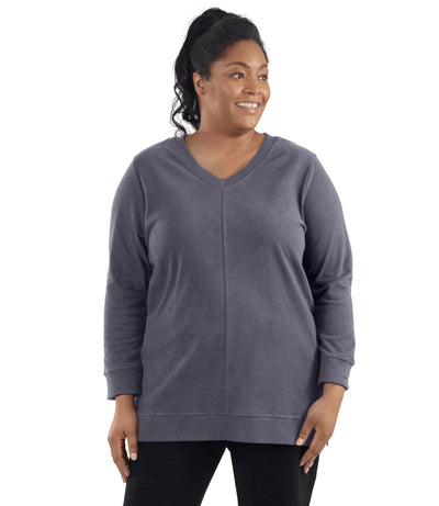 45806-Legacy Cotton Casual V-neck Long Sleeve Tunic Misty Grey. Model facing front.
