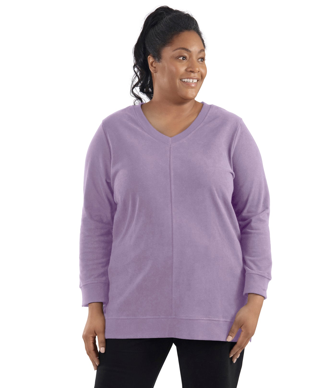 Legacy Cotton Casual V-Neck Long Sleeve Tunic in lavender on model with hands by her side.