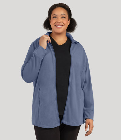 Plus size woman, facing front, wearing JunoActive's Legacy Cotton Casual Mock Neck Zip up jacket in color blue steel. Plus size jacket is unzipped.