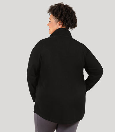 Plus size woman, facing back, wearing JunoActive's Legacy Cotton Casual Mock Neck Zip up in color black. 