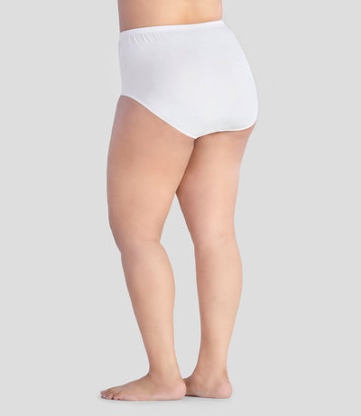 Model, facing back, wearing Junowear Cotton Stretch Classic High Waist Brief in color white.