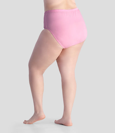 Bottom half of plus sized woman, facing back, wearing JunoActive Junowear Cotton Stretch Classic Brief in pink. This brief fits to the waistline with conservative leg opening.