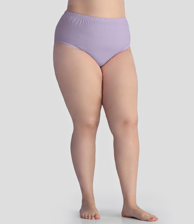 Bottom half of plus sized woman, facing front, wearing JunoActive Junowear Cotton Stretch Classic Brief in light purple. This brief fits to the waistline with conservative leg opening.