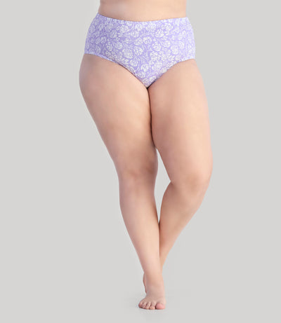 Model, facing front, Junowear Cotton Stretch Classic Brief Flower Prints in color purple and white flowers.