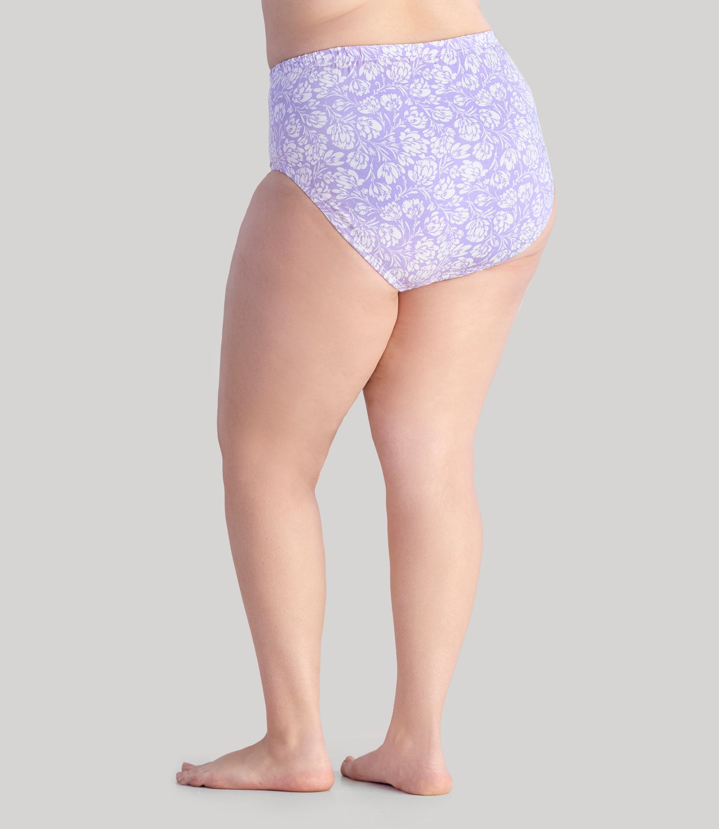 Model, facing back, Junowear Cotton Stretch Classic Brief Flower Prints in color purple and white flowers.