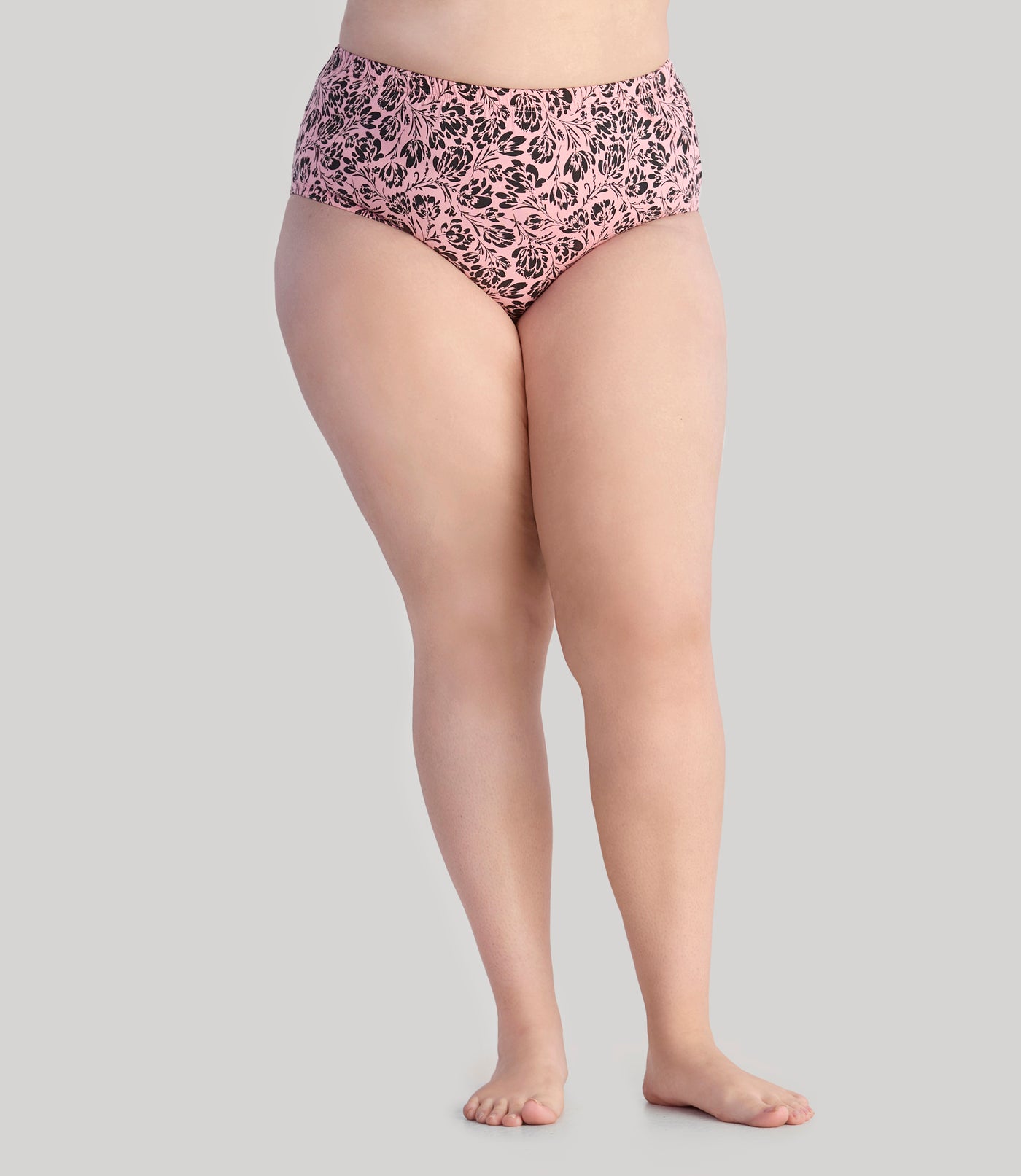 Model, facing front, Junowear Cotton Stretch Classic Brief Flower Prints in color pink and black flowers.