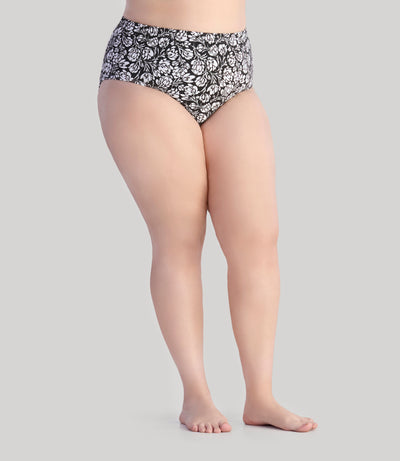Model, facing front, Junowear Cotton Stretch Classic Brief Flower Prints in color black and white flowers.