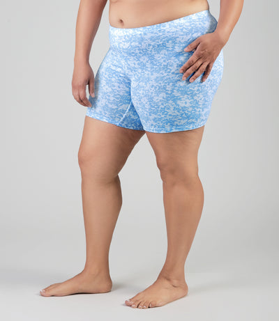 Lower half of plus size model, wearingJunowear Cotton Stretch Fitted Boxer Blue Blossoms Print, facing front.