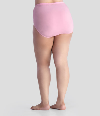 Bottom half of plus sized woman, facing back, wearing JunoActive Junowear Cotton Stretch Classic Full Fit Brief in pink. This brief has a high waist fit with conservative leg opening.