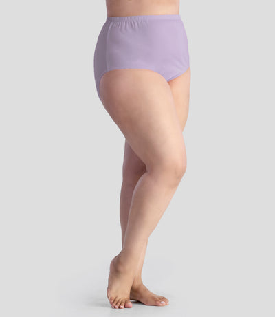 Bottom half of plus sized woman, facing front, wearing JunoActive Junowear Cotton Stretch Classic Full Fit Brief in light purple. This brief has a high waist fit with conservative leg opening.