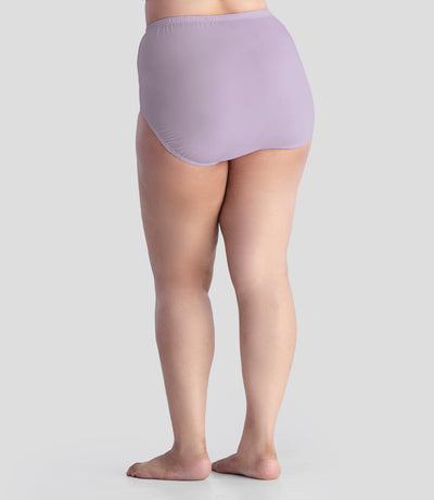Bottom half of plus sized woman, back view, wearing JunoActive Junowear Cotton Stretch Classic Full Fit Brief in taupe. This brief has a high waist fit with conservative leg opening.
