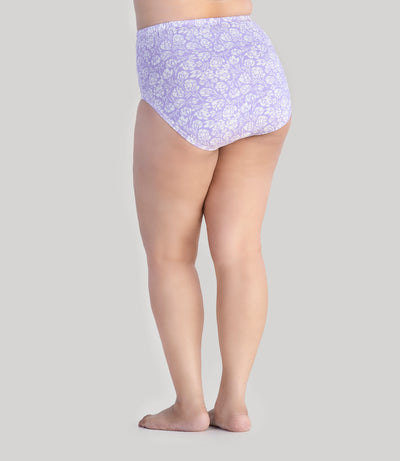 Model, facing back, wearing Junowear Cotton Stretch Classic Full Fit Brief Flower Prints in color purple and white flower. 