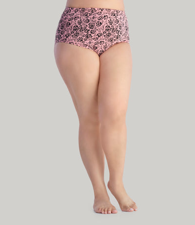 Model, facing front, wearing Junowear Cotton Stretch Classic Full Fit Brief Flower Prints in color pink and black flower. 