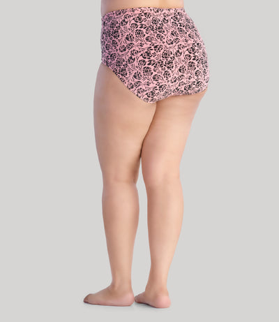 Model, facing back, wearing Junowear Cotton Stretch Classic Full Fit Brief Flower Prints in color pink and black flower. 