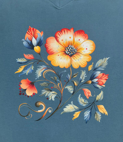 Close up, wearing JunoActive's Designer Graphic Long Sleeve V-neck Plus Size Top in Flora Flower Graphic in teal blue.