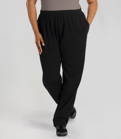 Front view, bottom half of plus sized woman, wearing junoactives UltraKnit Pear Pantpant and is full length in black.