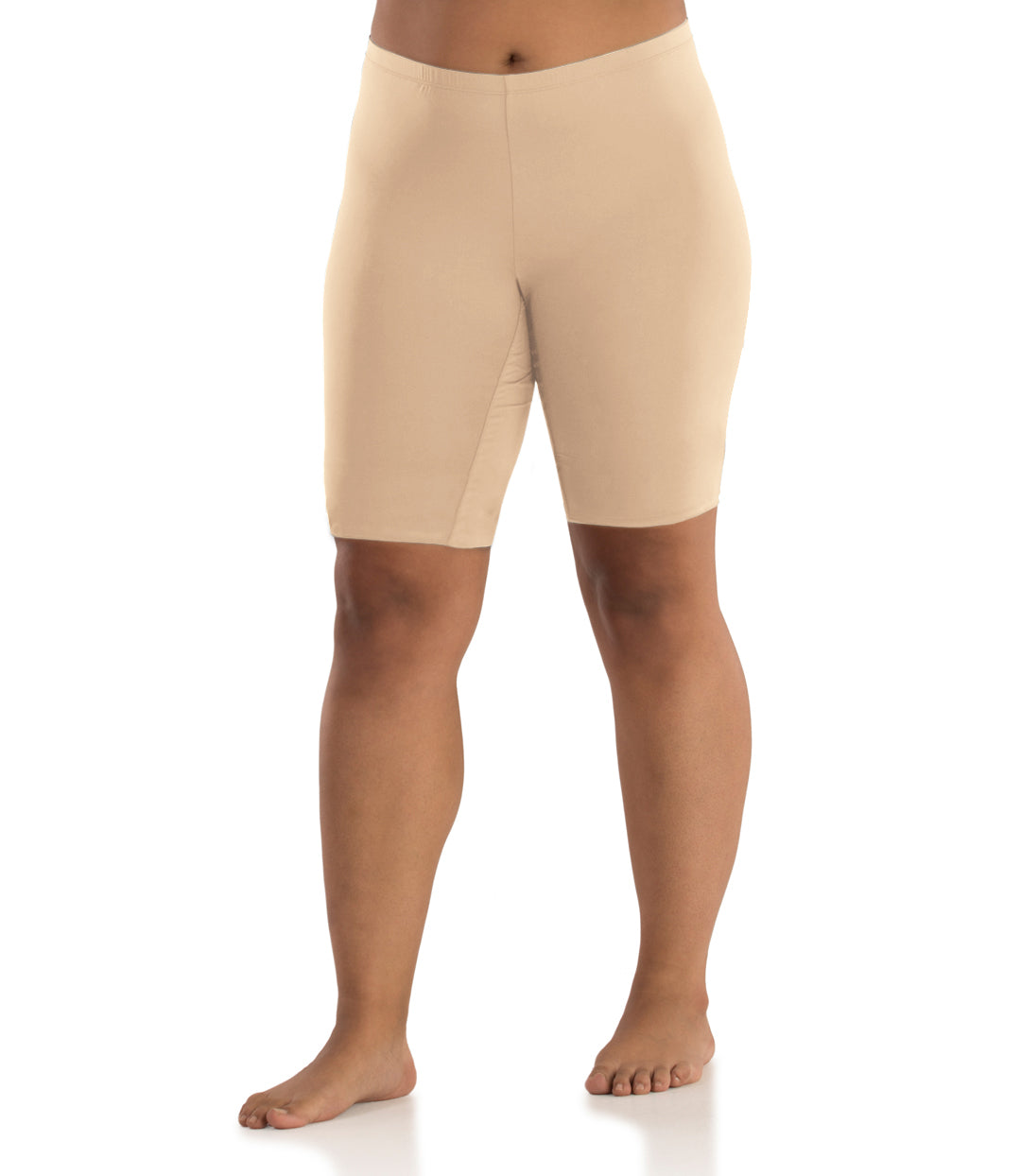 Bottom half of plus sized woman, facing front, wearing JunoActive Junowear Hush Long Boxer Brief in ecru. This fitted boxer fits at the waistline and leg opening is above the knee.
