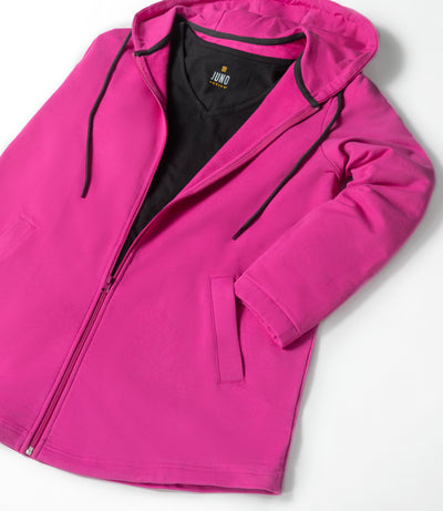 Laydown of Mavie Cotton Zip Front Hoodie in Color Magenta Pink.